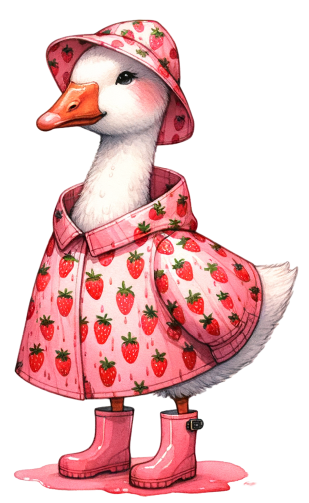 GOOSE IN STRAWBERRY RAINCOAT BOOTS AND HAT CLIPART DTF (direct-to-film) Transfer