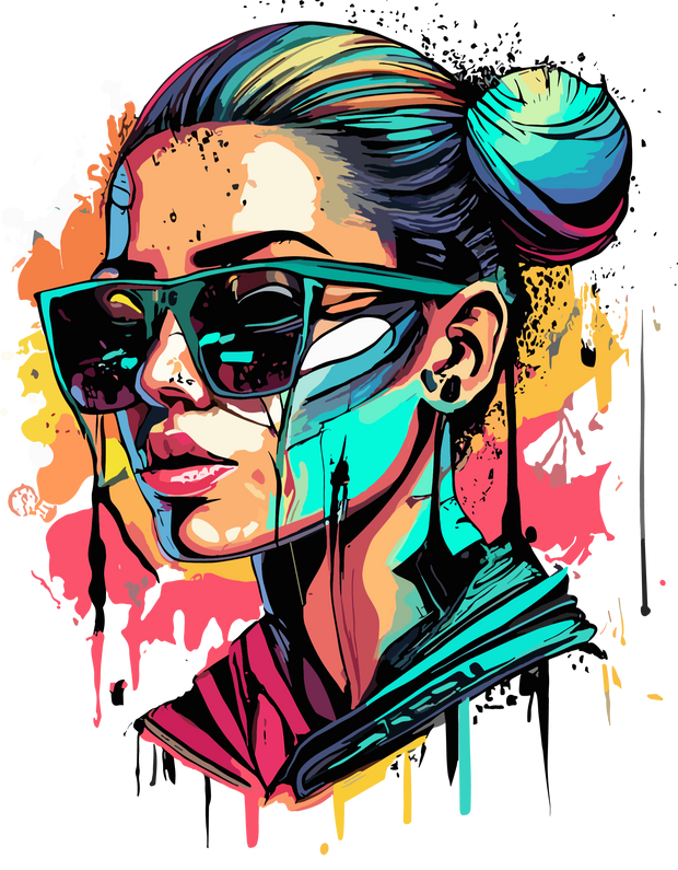 Girl in Bun & Shades Color Drip DTF (direct-to-film) Transfer