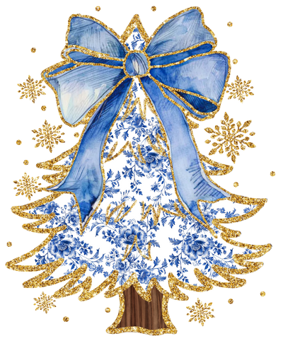 Golden Christmas Tree With Blue Bow DTF (direct-to-film) Transfer