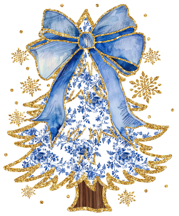 Golden Christmas Tree With Blue Bow DTF (direct-to-film) Transfer