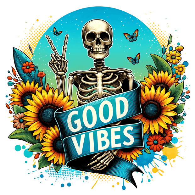 Good Vibes Skeleton & Sunflowers DTF (direct-to-film) Transfer