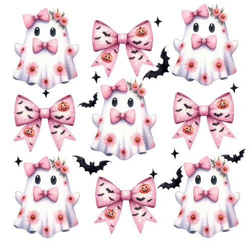 Halloween Coquette Ghost With Tie Bow Pink DTF (direct-to-film) Transfer