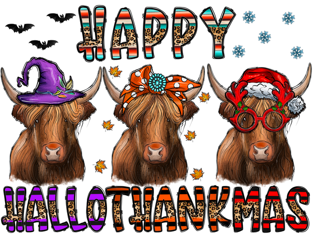 Happy Hallothankmas Highland Cows DTF (direct-to-film) Transfer