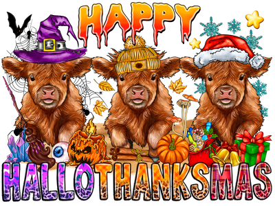 Happy Hallothanksmas Highland Cow DTF (direct-to-film) Transfer