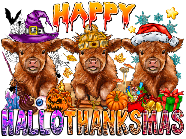 Happy Hallothanksmas Highland Cow DTF (direct-to-film) Transfer