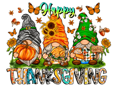 Happy Thanksgiving Gnomes and Butterfly DTF (direct-to-film) Transfer