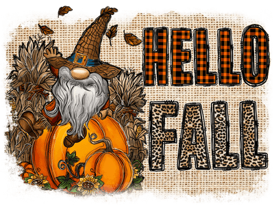 Hello Fall Gnome and Pumpkin DTF (direct-to-film) Transfer