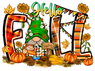 Hello Fall Gnome in Green Hat DTF (direct-to-film) Transfer