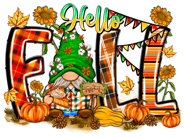 Hello Fall Gnome in Green Hat DTF (direct-to-film) Transfer