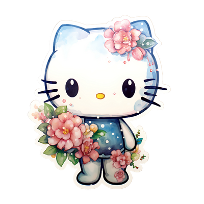 Hello Kitty in Blue Top and Flowers DTF (direct-to-film) Transfer