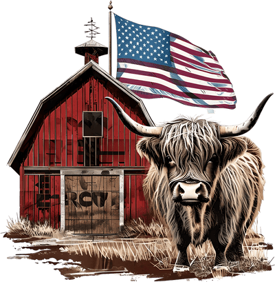 Highland Cow Barn & Flag DTF (direct-to-film) Transfer