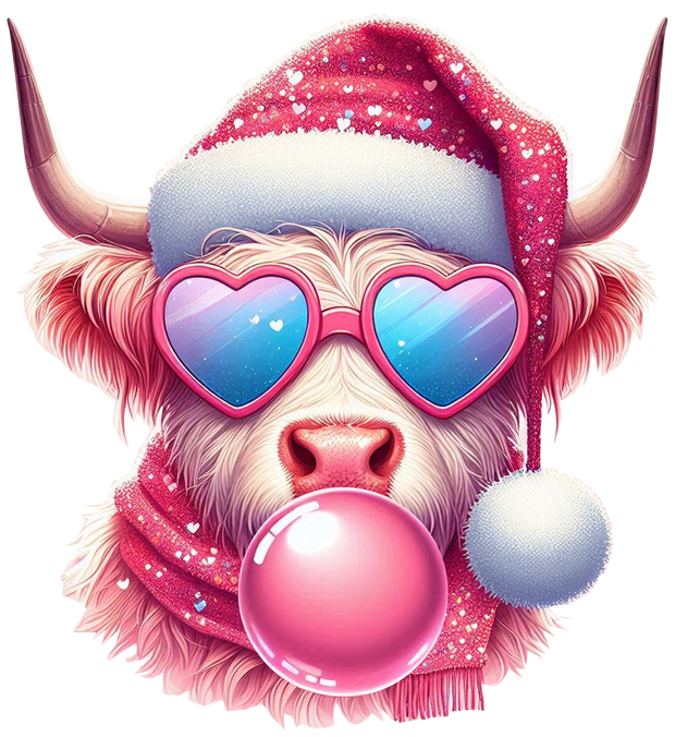 Highland Cow Blowing Bubble in Glasses DTF (direct-to-film) Transfer