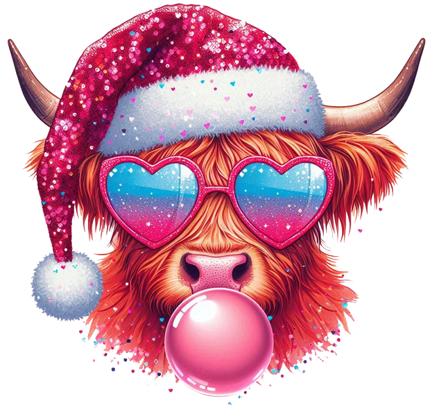 Highland Cow Blowing Pink Bubble DTF (direct-to-film) Transfer