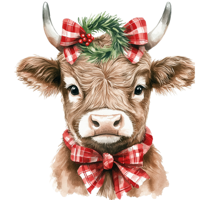 Highland Cow Christmas Plaid Bows DTF (direct-to-film) Transfer