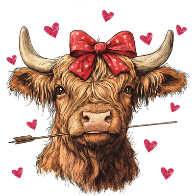 Highland Cow Holding Arrow With Red Hearts DTF (direct-to-film) Transfer