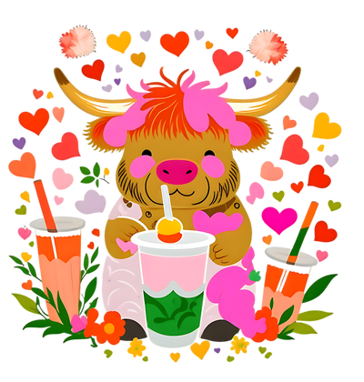 Highland Cow Valentine With Beverage Trio In Pink DTF (direct-to-film) Transfer