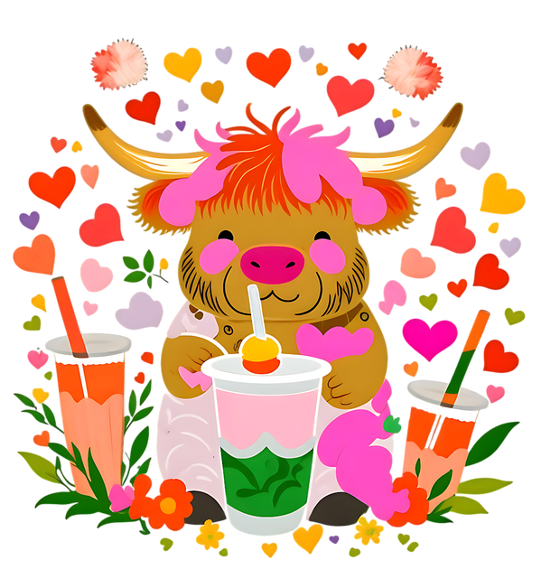 Highland Cow Valentine With Beverage Trio In Pink DTF (direct-to-film) Transfer