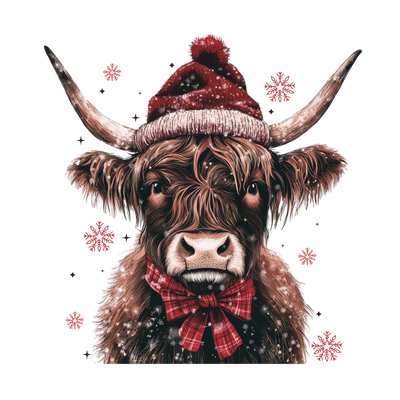 Highland Cow in Santa Hat and Plaid Bow DTF (direct-to-film) Transfer