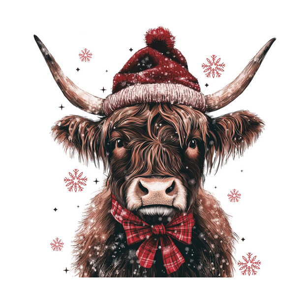 Highland Cow in Santa Hat and Plaid Bow DTF (direct-to-film) Transfer