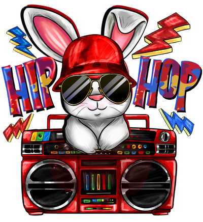 Hip Hop Bunny With Music In Red  DTF (direct to film) Transfer