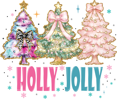 Holly Jolly Three Trees Trimmed in Gold DTF (direct-to-film) Transfer