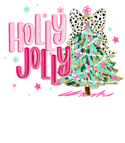 Holly Jolly in Pink Tree Lined in Gold DTF (direct-to-film) Transfer