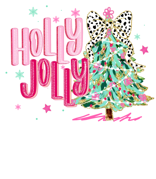 Holly Jolly in Pink Tree Lined in Gold DTF (direct-to-film) Transfer