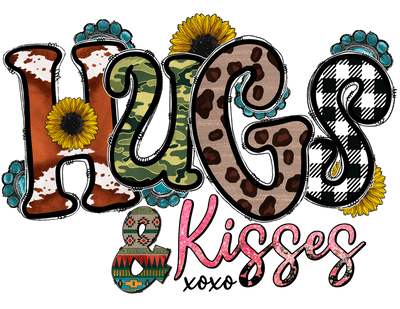 Hugs And Kisses XOXO in Camo And Multi Print Font DTF (direct-to-film) Transfer