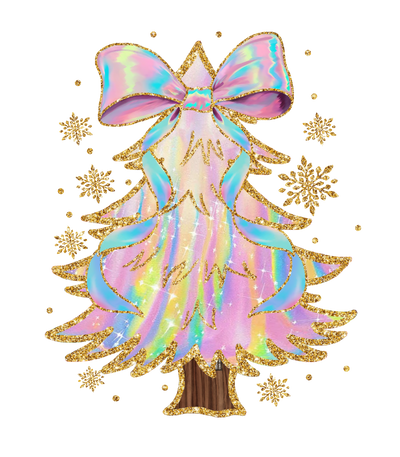 Iridescent Christmas Tree Outlined in Gold DTF (direct-to-film) Transfer