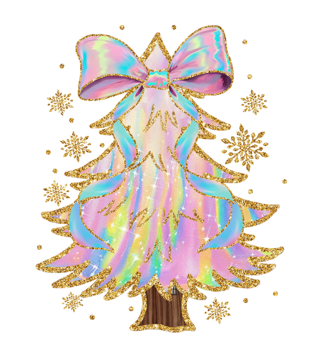 Iridescent Christmas Tree Outlined in Gold DTF (direct-to-film) Transfer