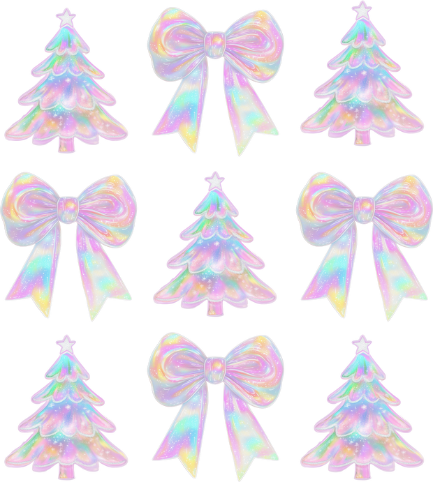 Iridescent Christmas Trees & Bows DTF (direct-to-film) Transfer