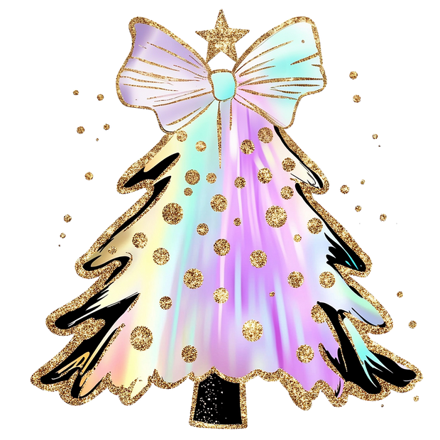 Iridescent Holographic Bow Christmas Tree Design DTF (direct-to-film) Transfer