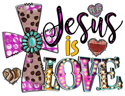 Jesus Is Love In Purple And Pink Font DTF (direct-to-film) Transfer