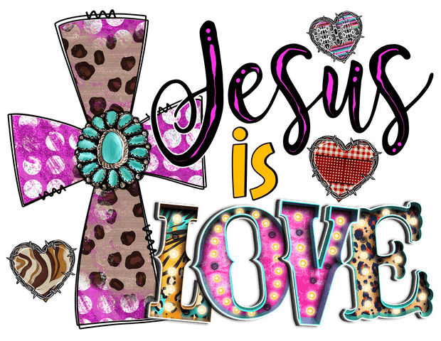 Jesus Is Love In Purple And Pink Font DTF (direct-to-film) Transfer