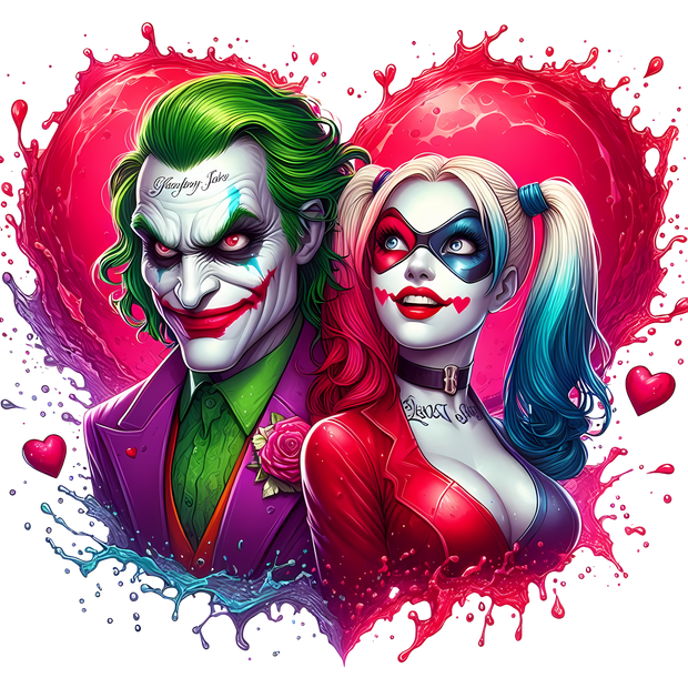 Joker & Harley Hearts and Hearts Color Drip DTF (direct-to-film) Transfer