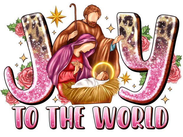 Joy to the World Glittery Pink DTF (direct-to-film) Transfer