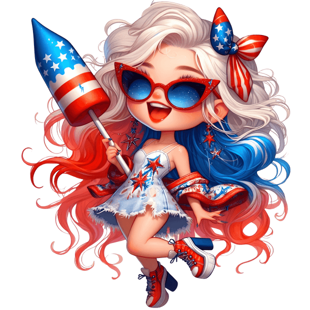 July 4th Girl with Red White & Blue Hair DTF (direct-to-film) Transfer