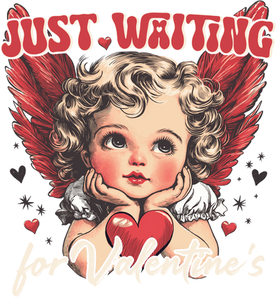 Just Waiting Vintage Cherub In Red Font  DTF (direct-to-film) Transfer