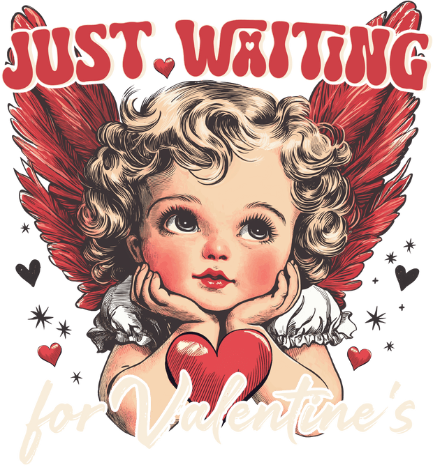 Just Waiting Vintage Cherub In Red Font  DTF (direct-to-film) Transfer