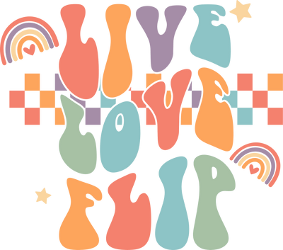Live Love Flip In Multi Color Pastel Font Gymnastics DTF (direct-to-film) Transfer