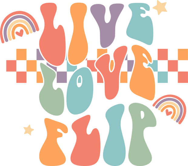 Live Love Flip In Multi Color Pastel Font Gymnastics DTF (direct-to-film) Transfer