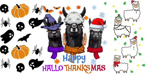 Llama Happy Hallothanksmas-Halloween-Christmas-Fall Thanksgiving 16oz UV DTF Libby Cup Wrap