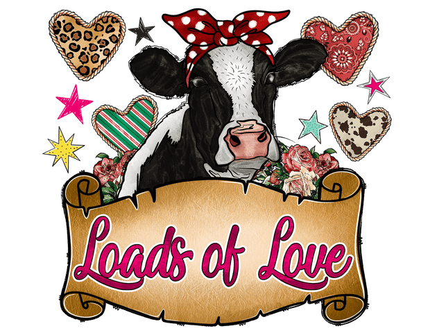 Loads Of Love Cow Wrapped In Banner With Bandanna Filled Heart DTF (direct-to-film) Transfer