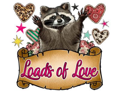 Loads Of Love  Raccoon Wrapped In Banner With Print Filled Hearts DTF (direct-to-film) Transfer