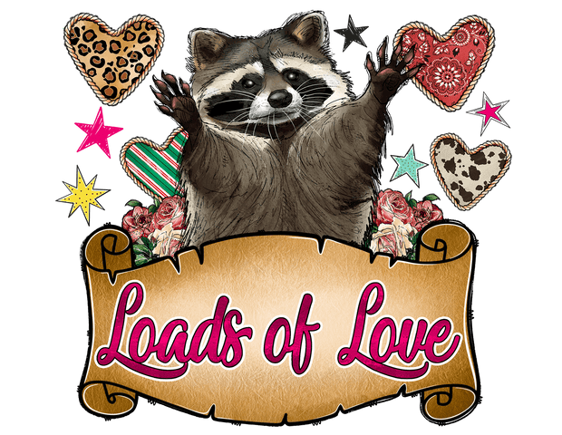 Loads Of Love  Raccoon Wrapped In Banner With Print Filled Hearts DTF (direct-to-film) Transfer