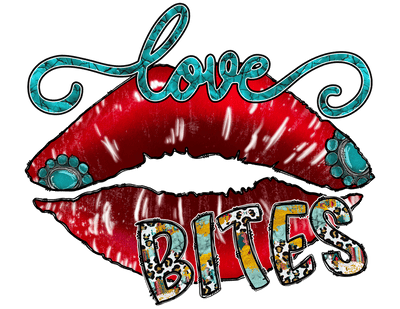 Love Bites In Turquoise And Multi Color Font With Red Lips DTF (direct-to-film) Transfer