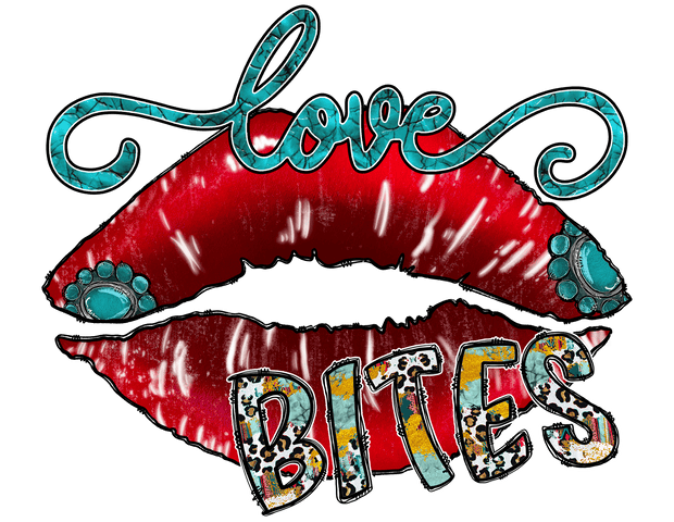 Love Bites In Turquoise And Multi Color Font With Red Lips DTF (direct-to-film) Transfer