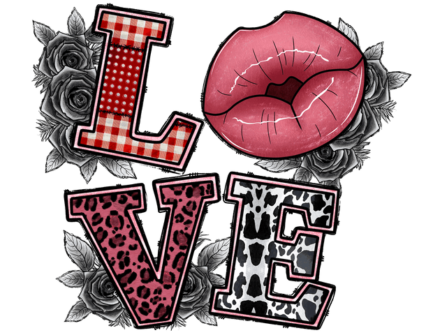 Love In Black And Red Printed Font With Pink Lips DTF (direct-to-film) Transfer