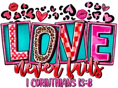 Love Never Fails In Red And Pink Font 1 corinthians 13 DTF (direct-to-film) Transfer