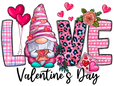 Love Valentines Day Gnome With Heart Balloons And Floral DTF (direct-to-film) Transfer